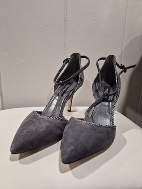 White House Black Market Gray Suede Pointed-Toe Ankle-Strap Heels